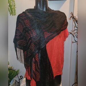 Claire France Black Open Knit Fringed Scarf NWT